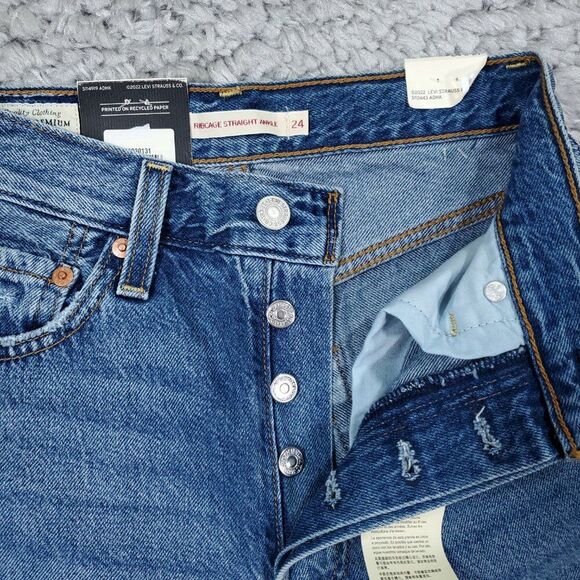 Levi's Premium Ribcage Straight Ankle Jeans Revolve Blue Ripped Size 24 x 27 - Picture 4 of 11